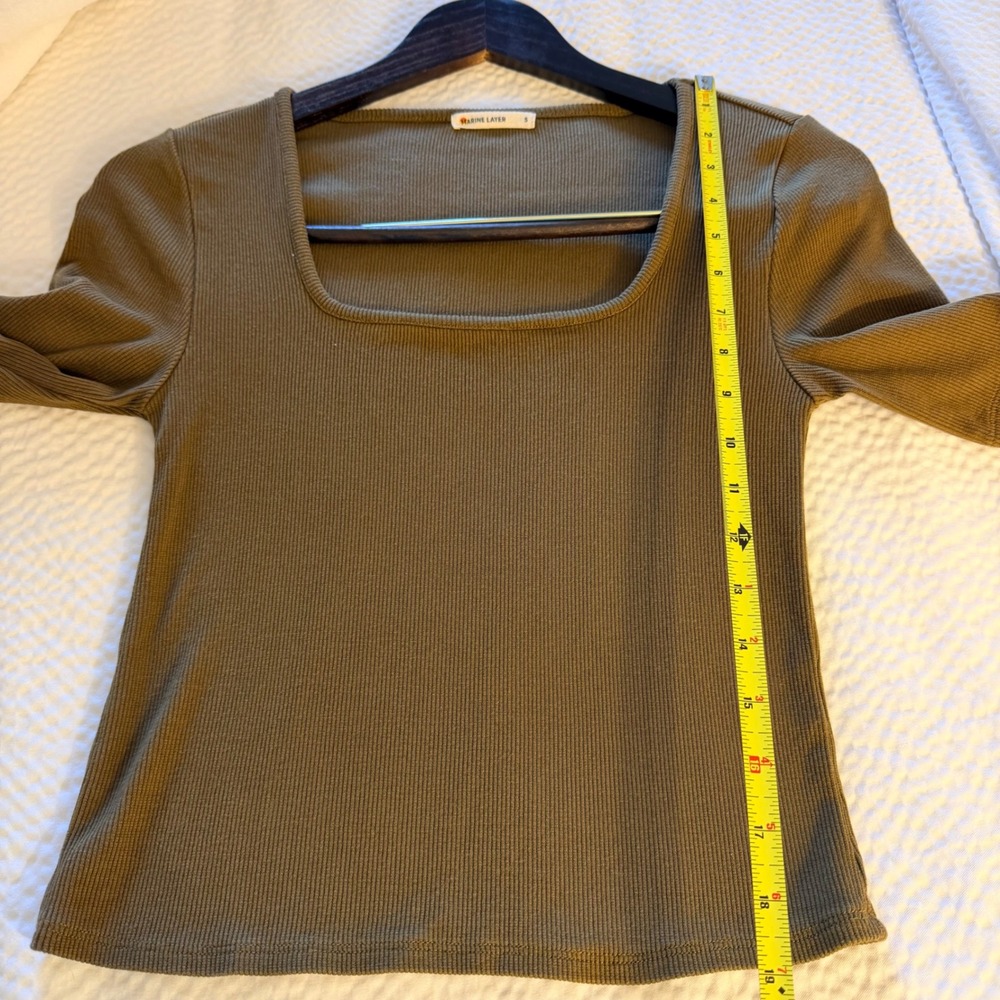Marine Layer Women S Olive Green Ribbed Square Neck Short Sleeve Top Minimalist - Picture 5 of 7